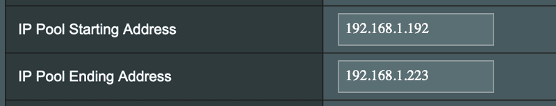 Settings of DHCP address pool